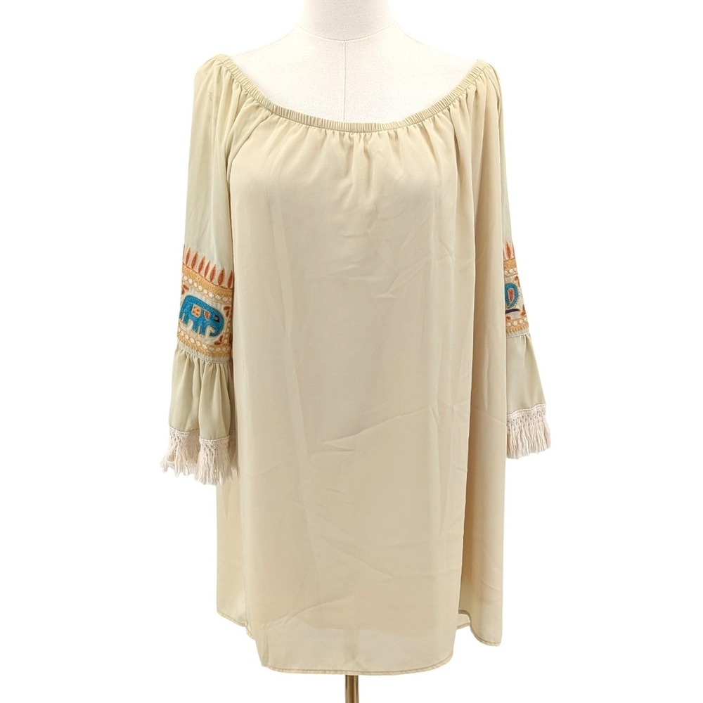 VaVa Embroidered Fringe Tunic Dress Boho Peasant Festival Cream Size‎ M